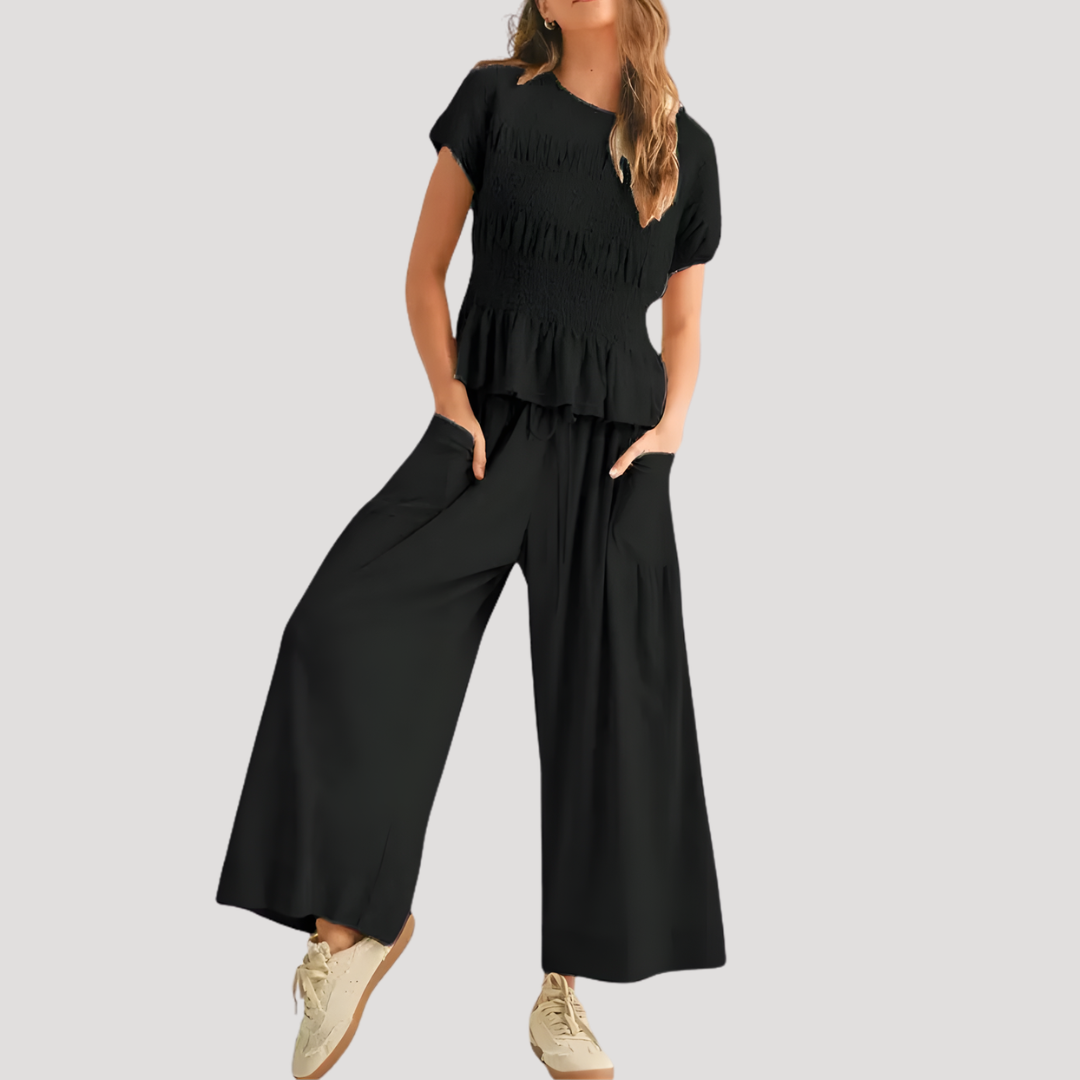 Peplum wide-leg two-piece set in Black