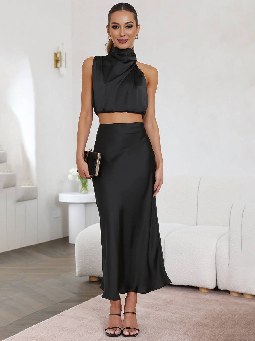 Black halter neck two-piece set