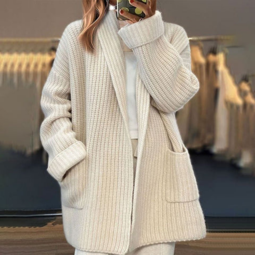 Cream ribbed knit cardigan front view