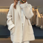 Cream ribbed knit cardigan front view
