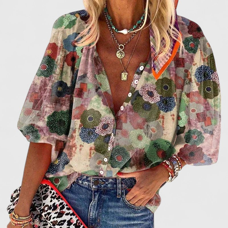 Green floral print long-sleeve V-neck blouse