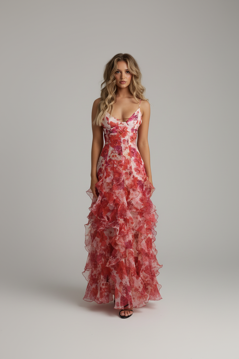 Red floral ruffle maxi dress front