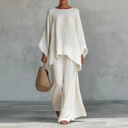 Oversized round neck wide leg two-piece set in white