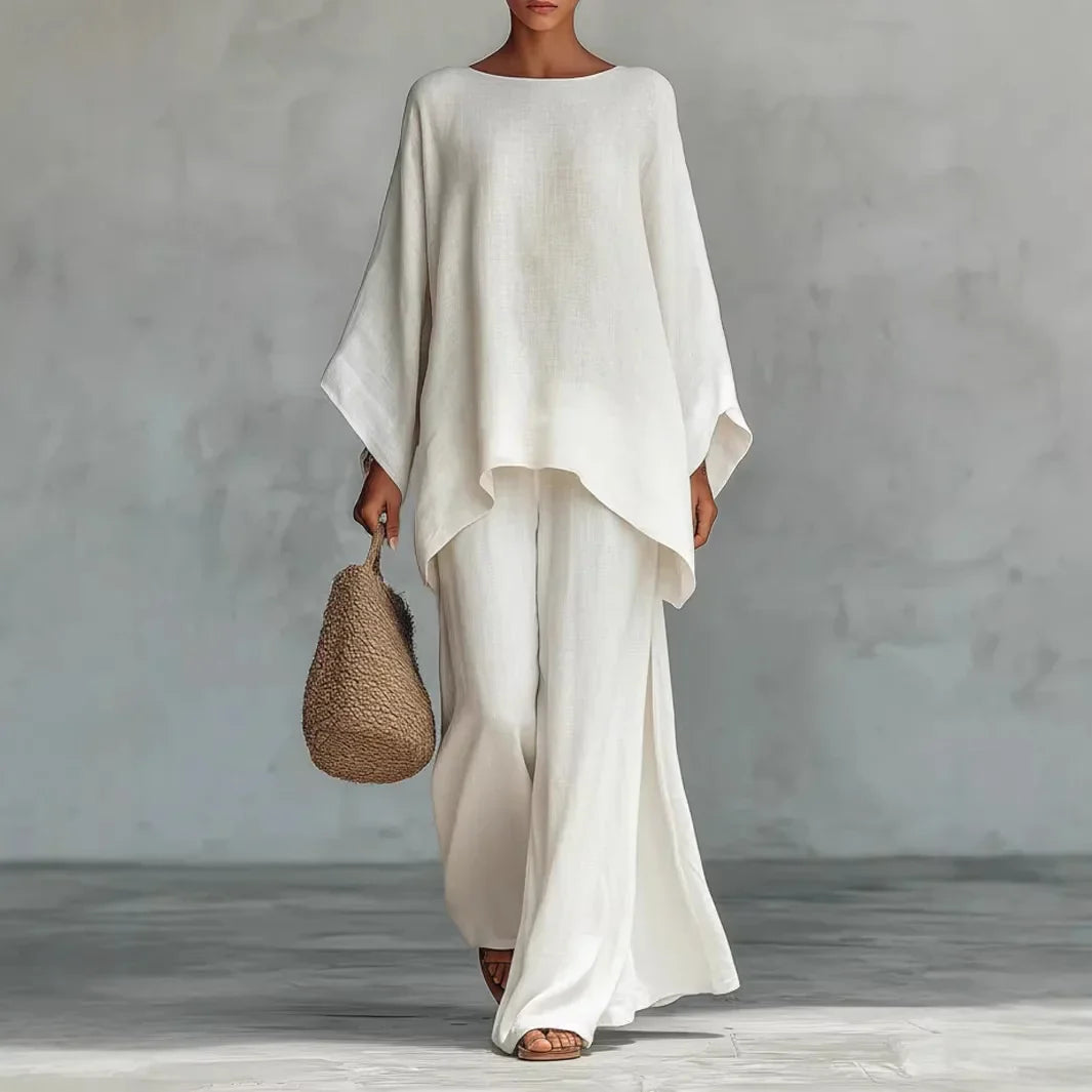 Oversized round neck wide leg two-piece set in white