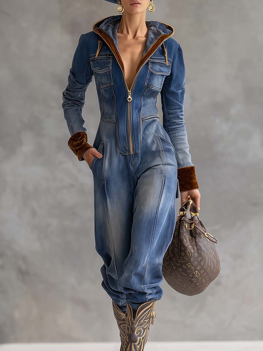 Long sleeve hooded zip-up jumpsuit in blue with contrast trim