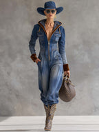 Blue hooded zip-up jumpsuit relaxed fit detail view