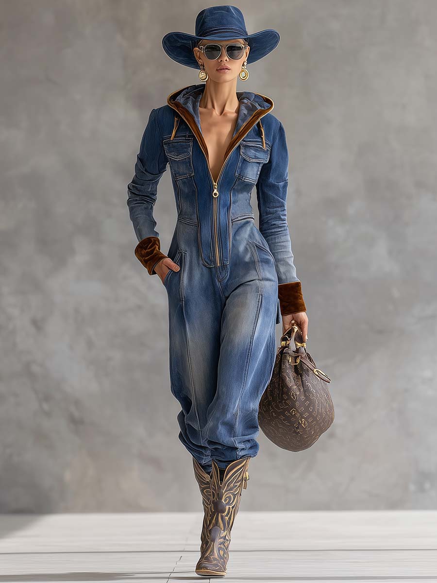 Blue hooded zip-up jumpsuit relaxed fit detail view