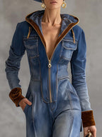Hooded zip-up long sleeve jumpsuit in blue side view