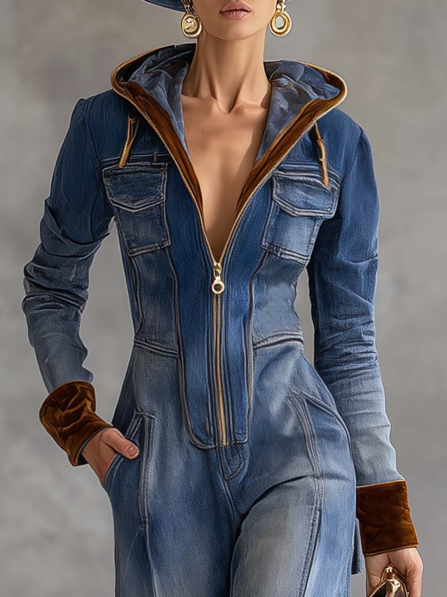 Hooded zip-up long sleeve jumpsuit in blue side view