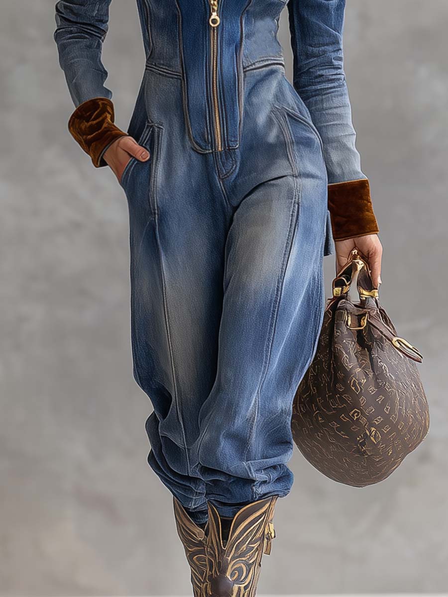 Relaxed fit hooded jumpsuit in blue back view