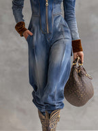 Relaxed fit hooded jumpsuit in blue back view