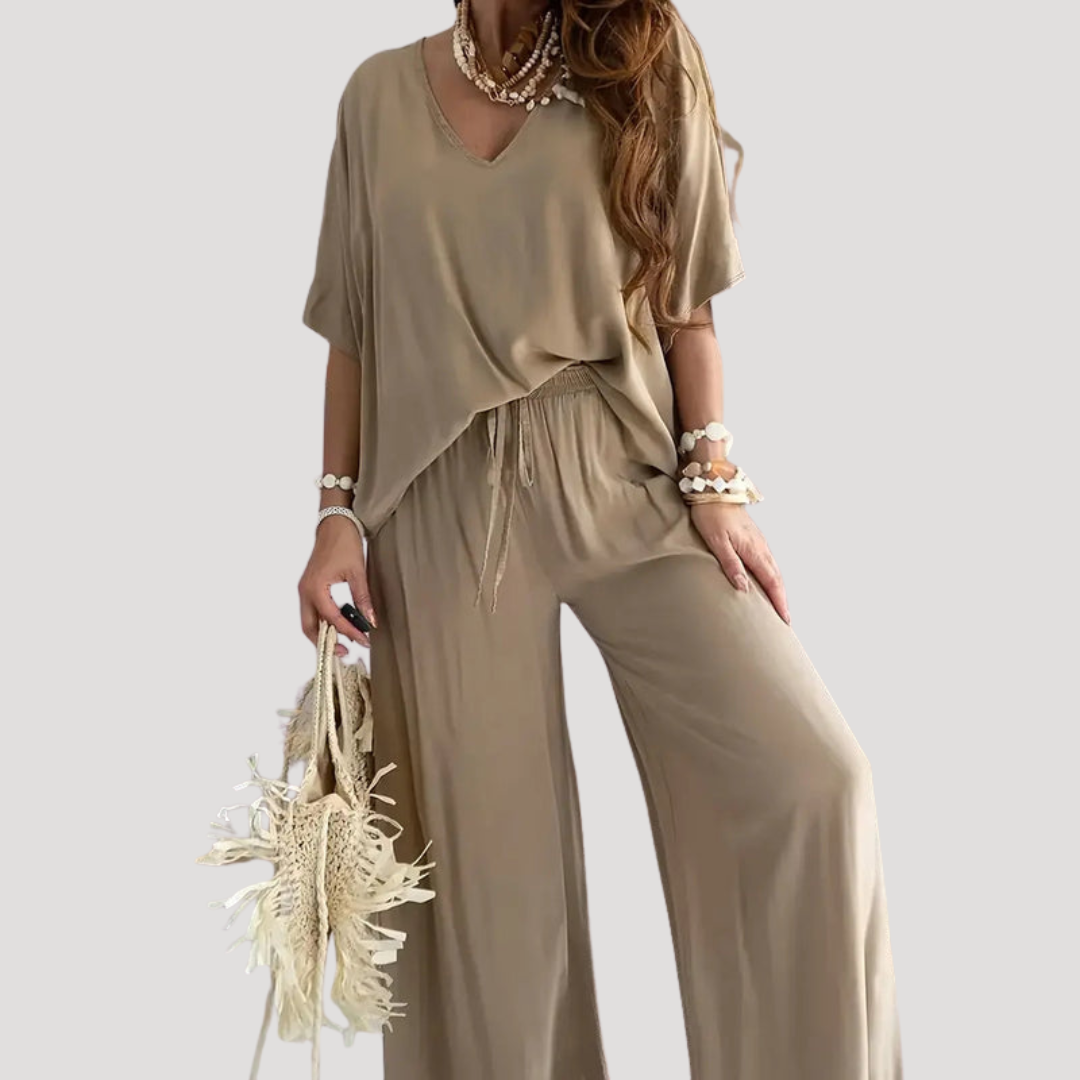 Wide-leg two-piece trouser set in khaki