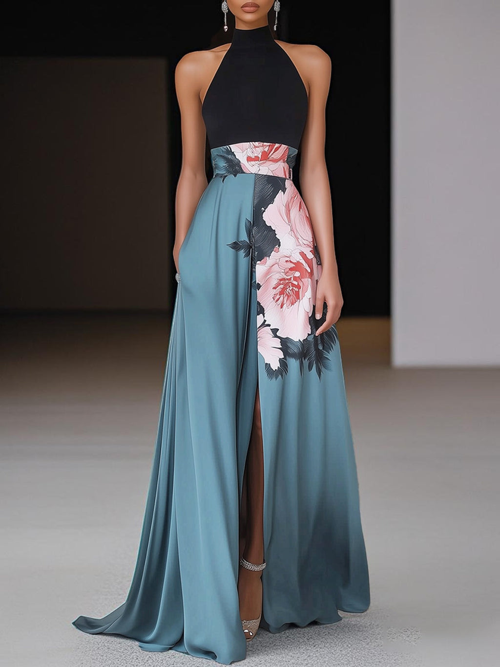 Black floral A-line maxi dress