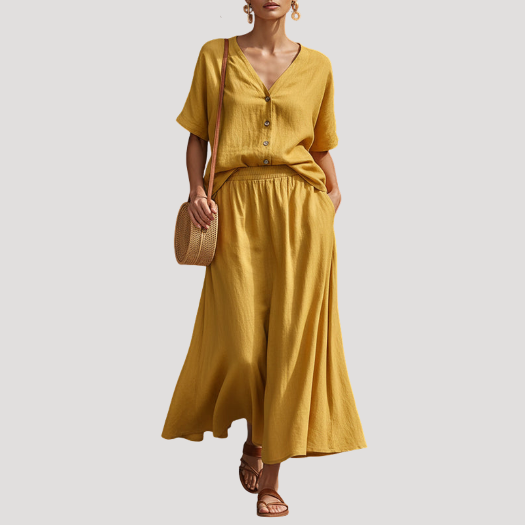 Button-front midi skirt set in yellow