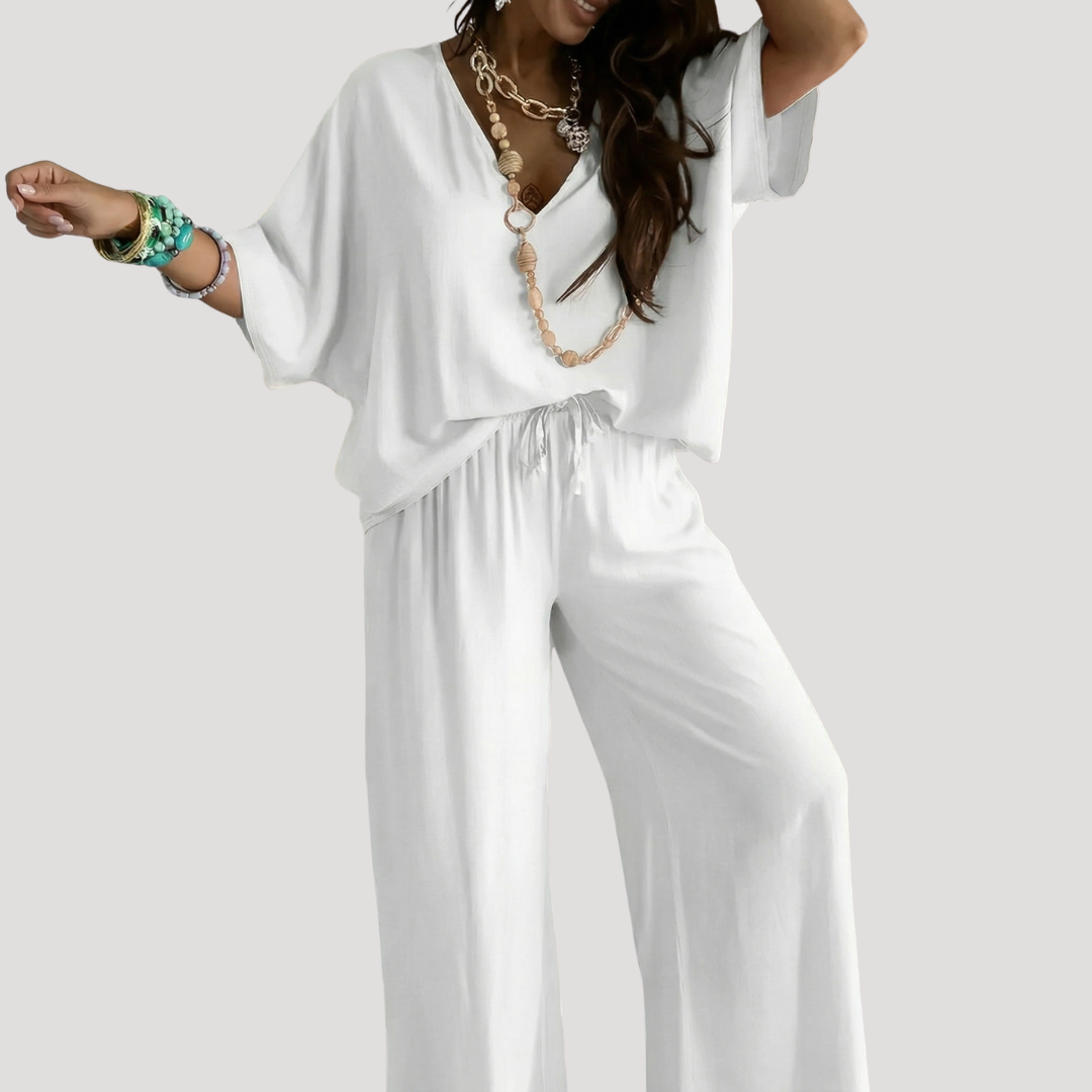 Wide-leg two-piece trouser set in white