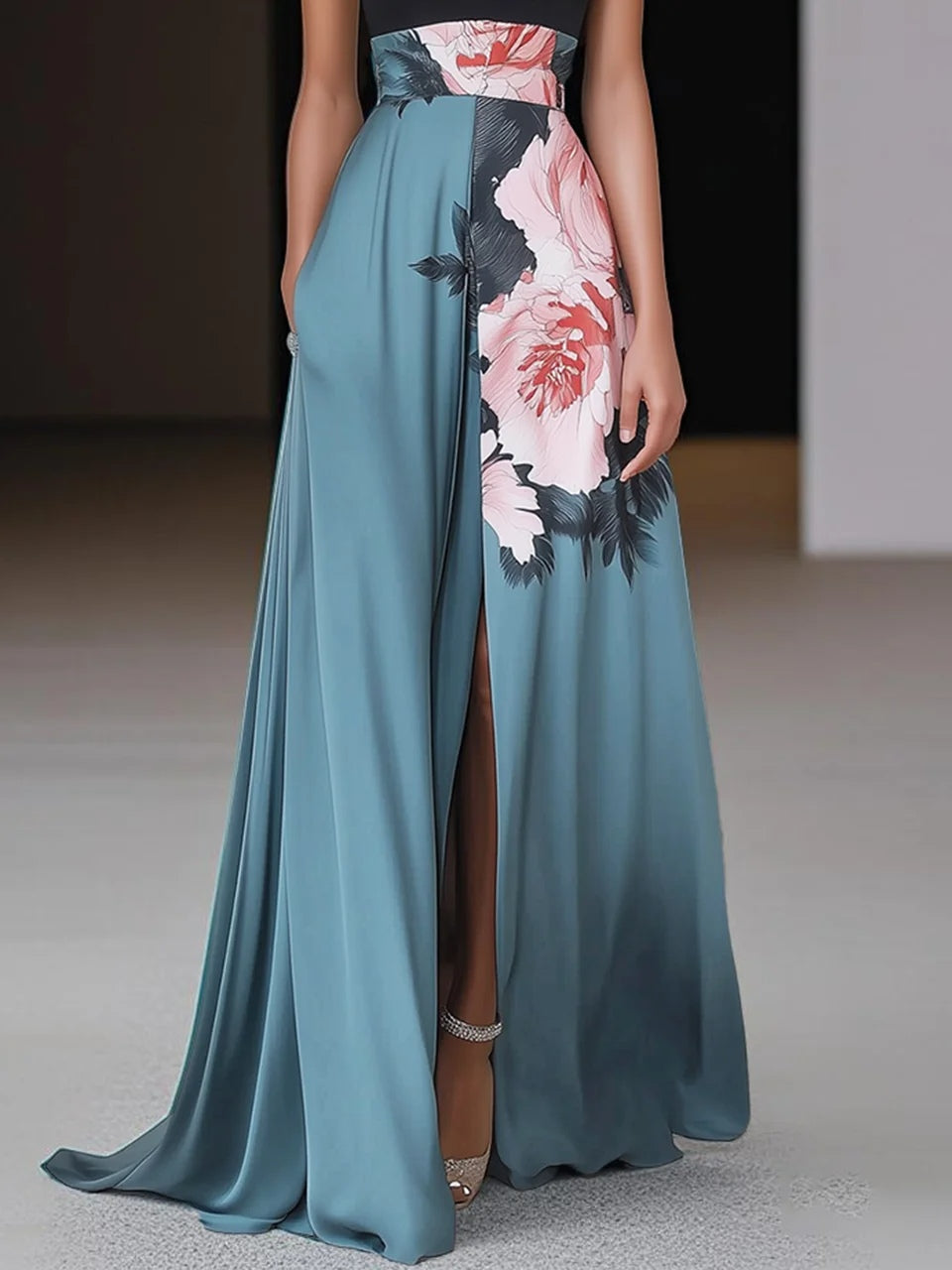 Black floral maxi dress back view