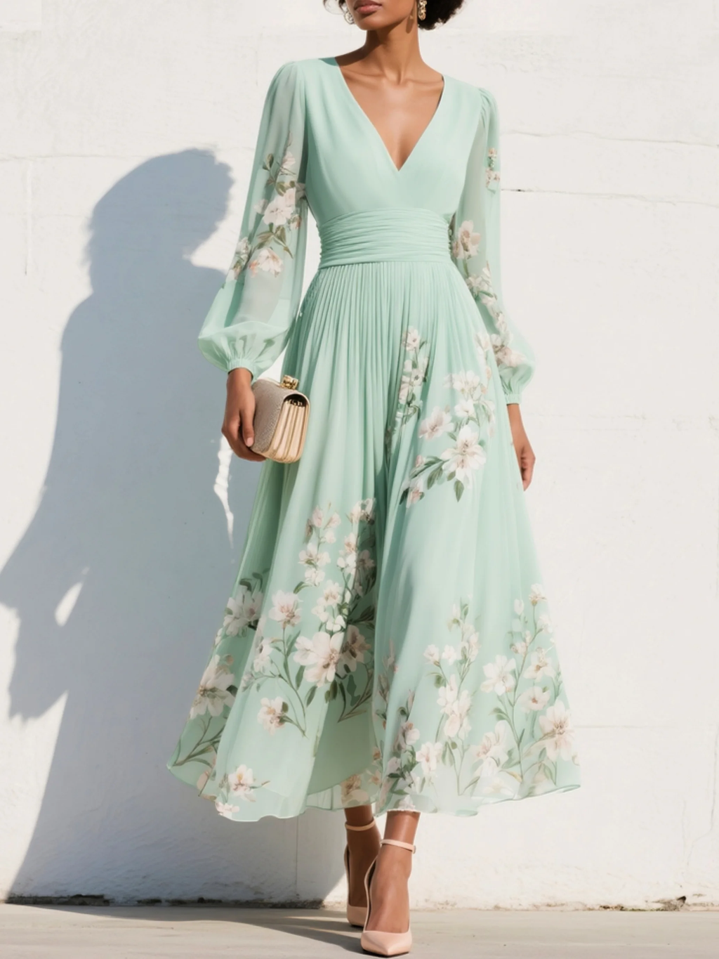 Light green floral v-neck a-line midi dress
