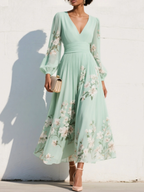 Light green floral v-neck a-line midi dress