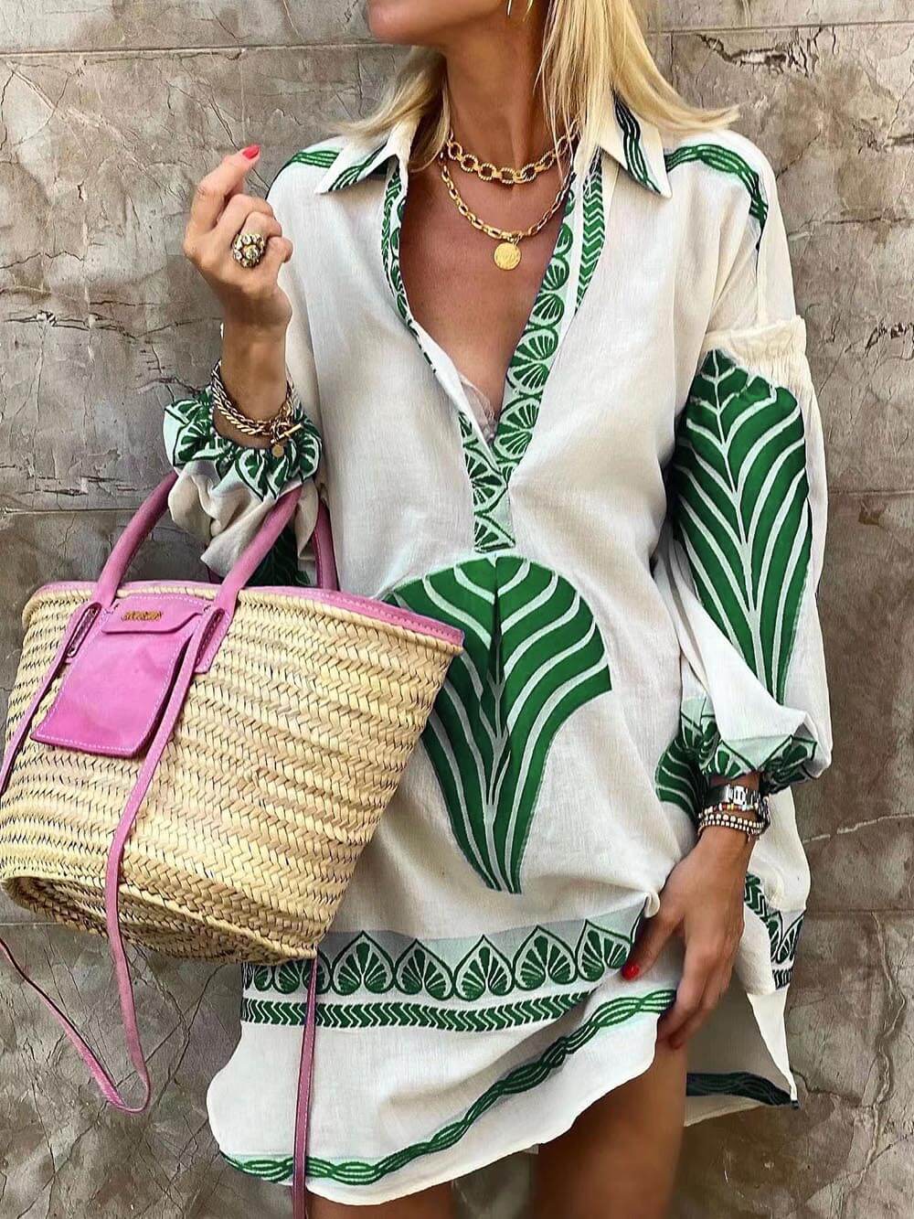 V-Neck Geometric Print Long Sleeve Mini Dress – Green