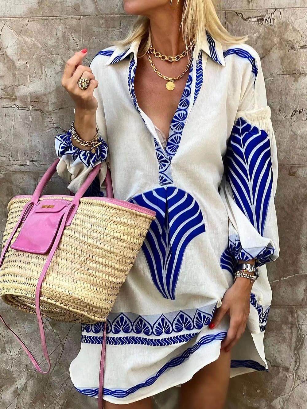 V-Neck Geometric Print Long Sleeve Mini Dress – Blue