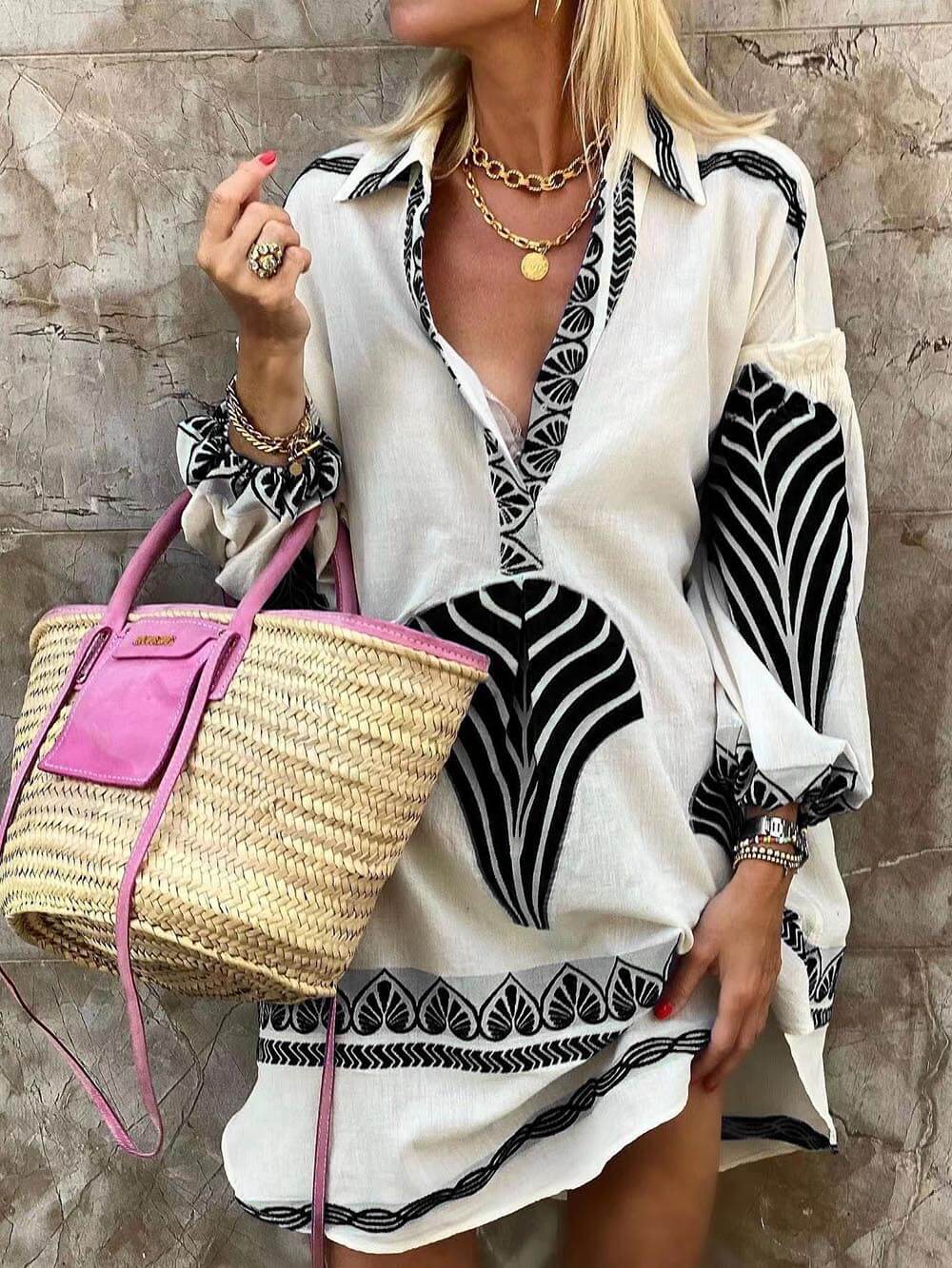 V-Neck Geometric Print Long Sleeve Mini Dress – Black