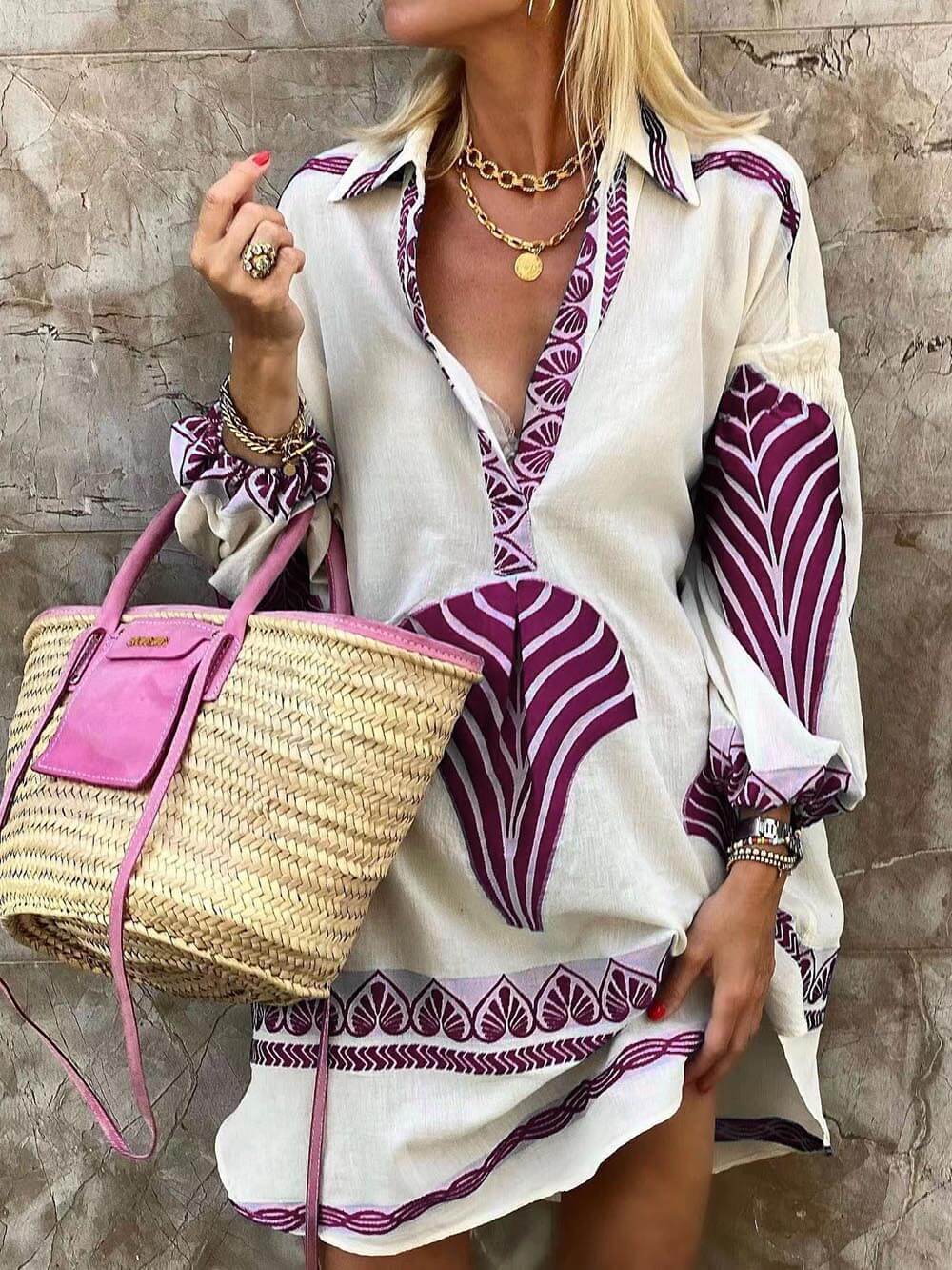 V-Neck Geometric Print Long Sleeve Mini Dress – Purple