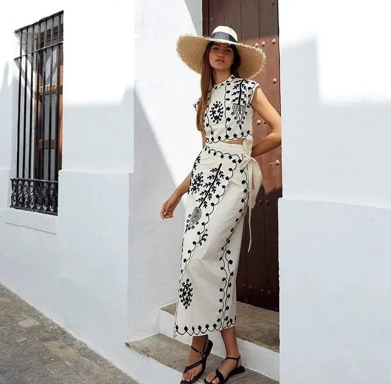Sleeveless embroidered top and flowing skirt set, lightweight cotton, delicate embroidery detail