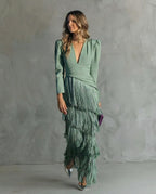 V-Neck Tiered Fringe Maxi Dress – Light green