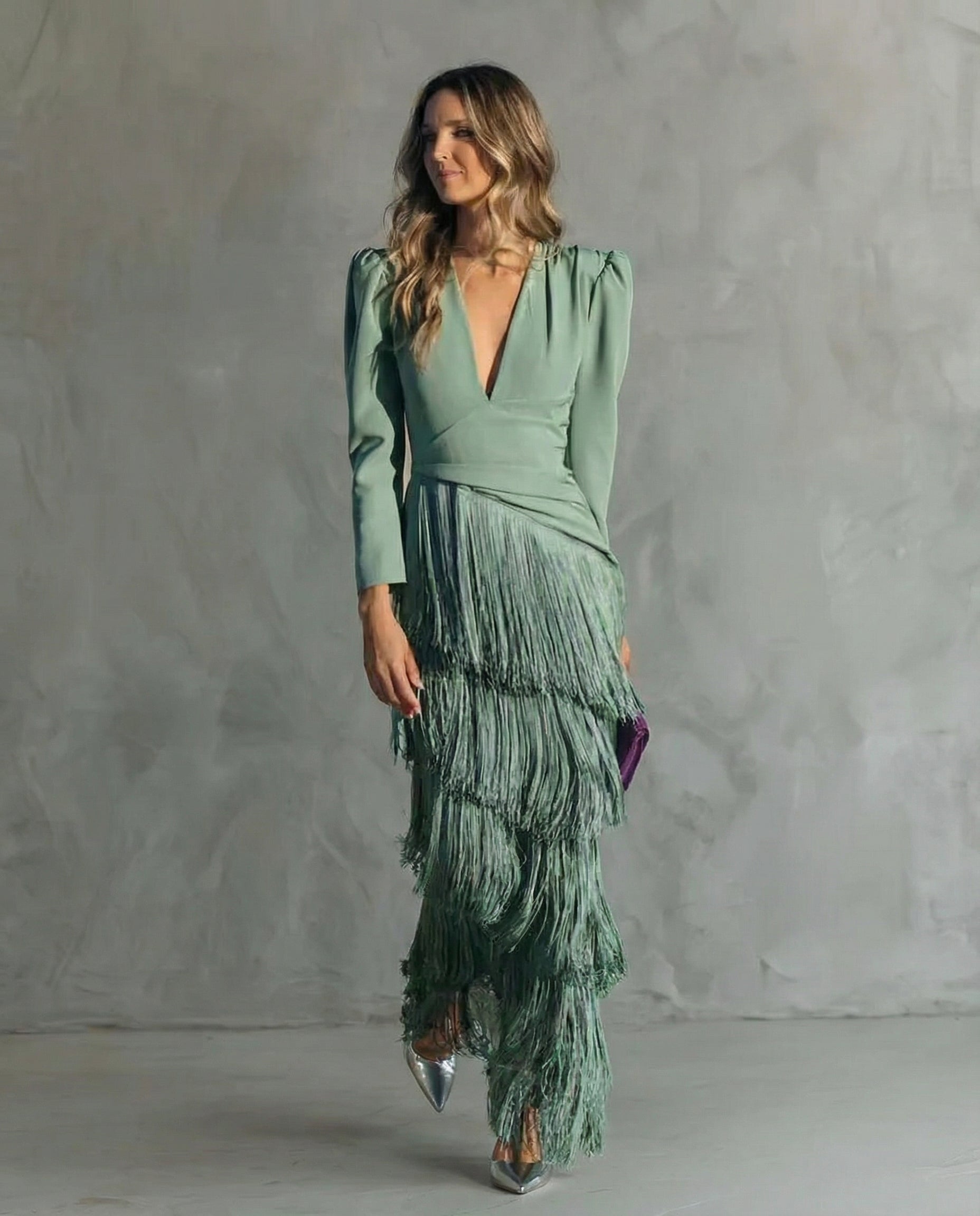 V-Neck Tiered Fringe Maxi Dress – Light green