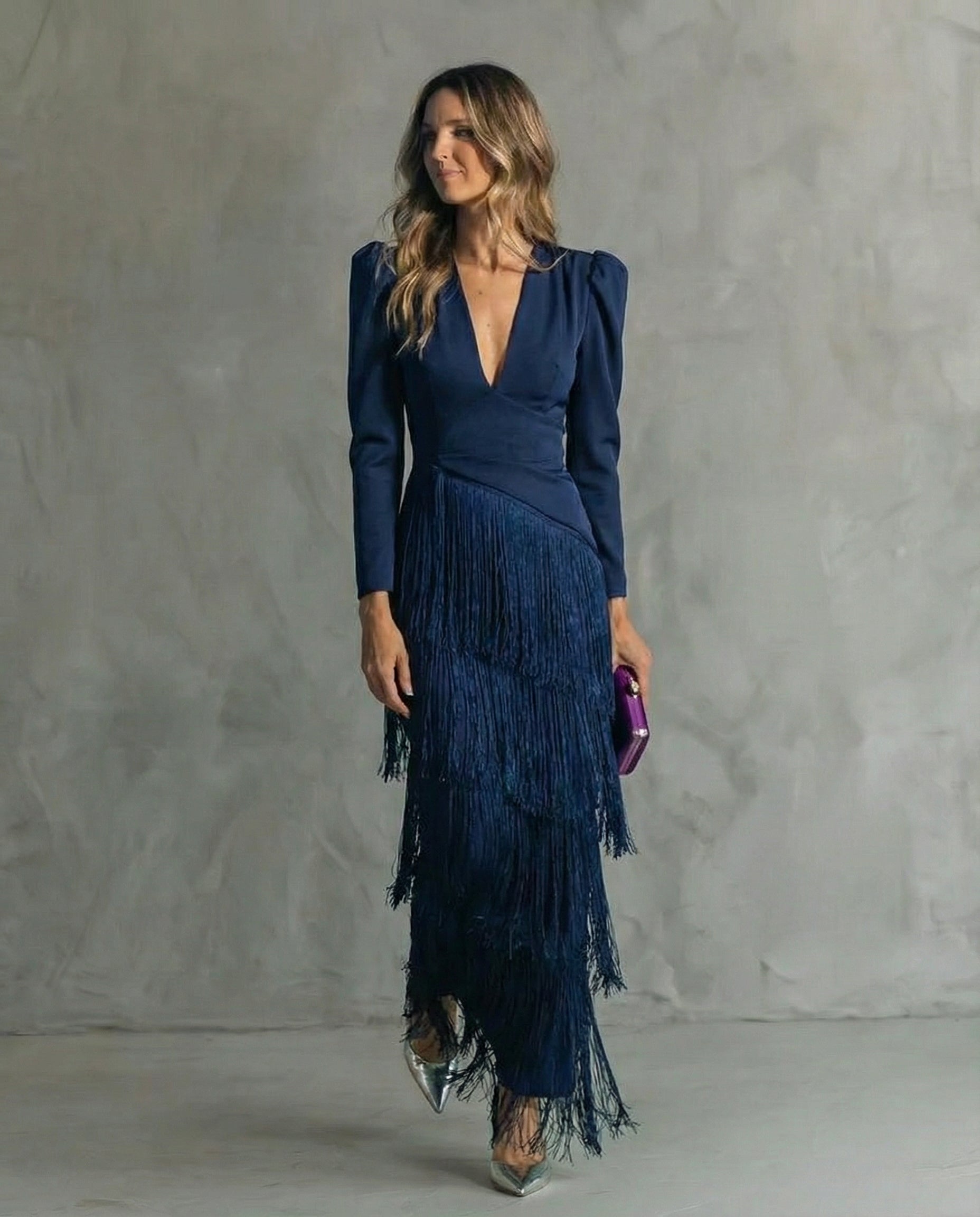 V-Neck Tiered Fringe Maxi Dress – Blue