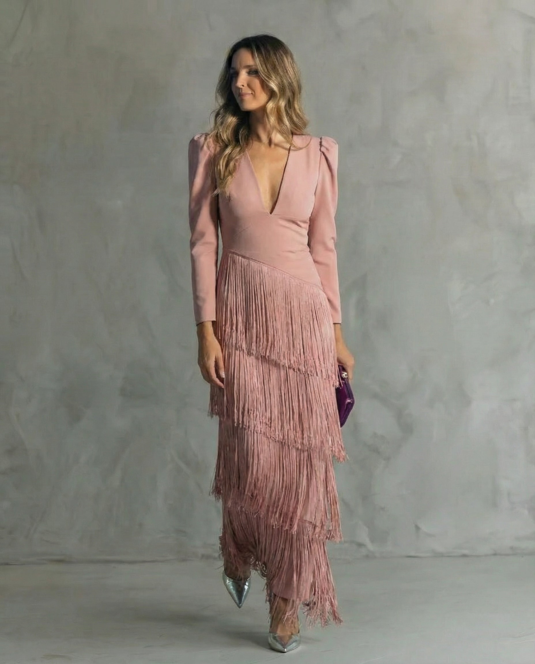 V-Neck Tiered Fringe Maxi Dress – Lotus root color