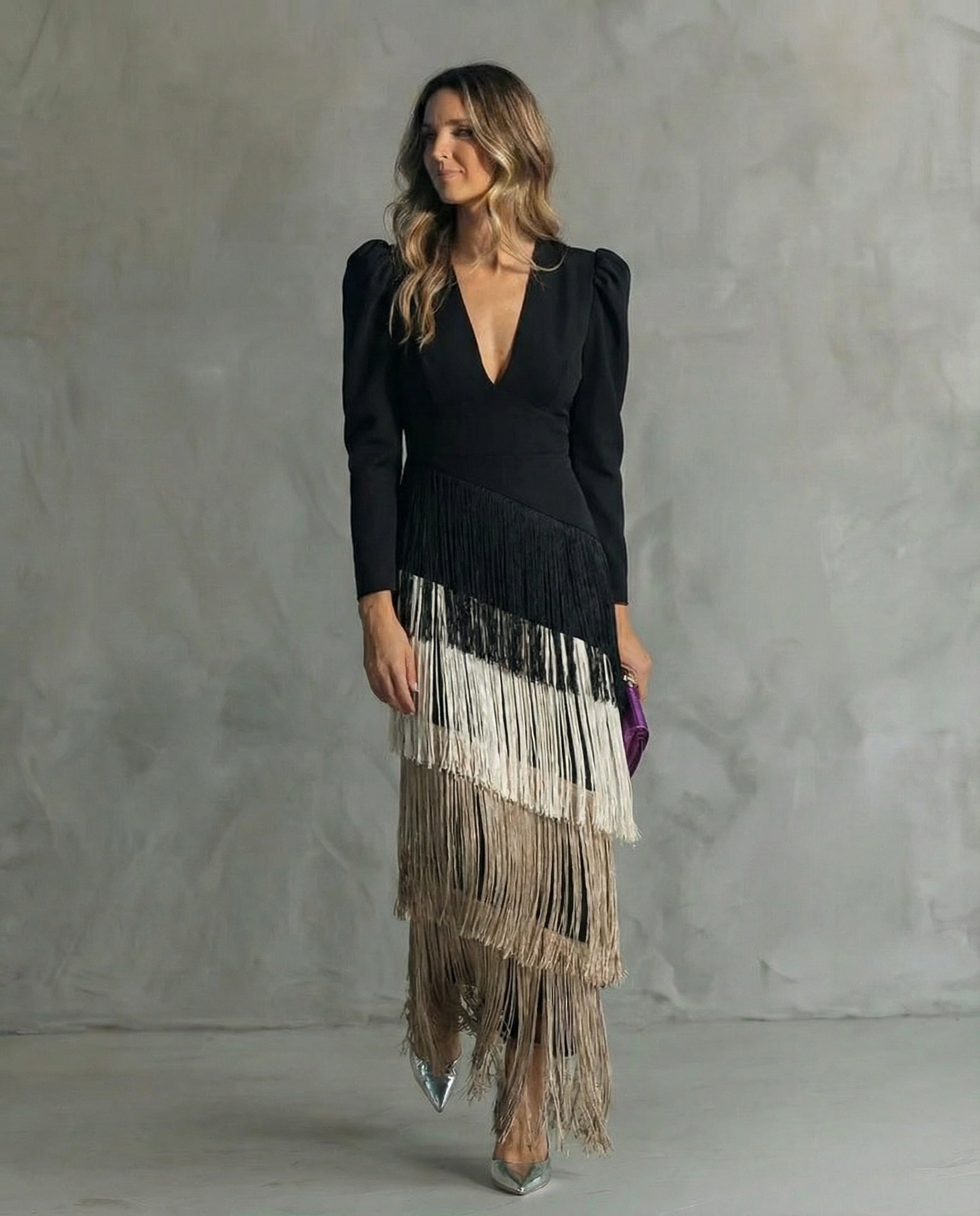 V-Neck Tiered Fringe Maxi Dress – Coffee