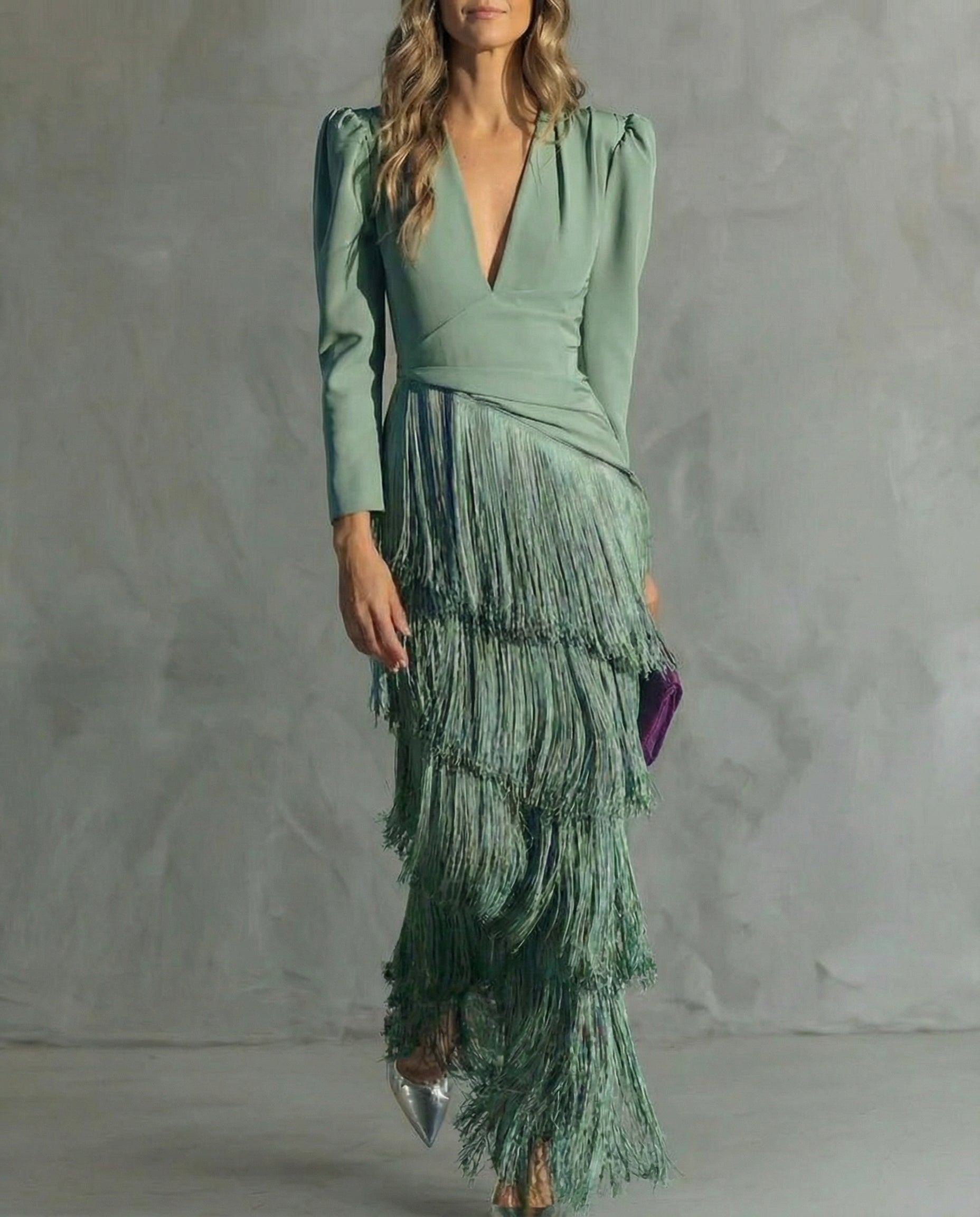V-Neck Tiered Fringe Maxi Dress – detail view