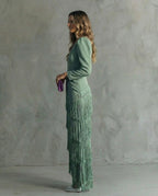 V-Neck Tiered Fringe Maxi Dress – full length view