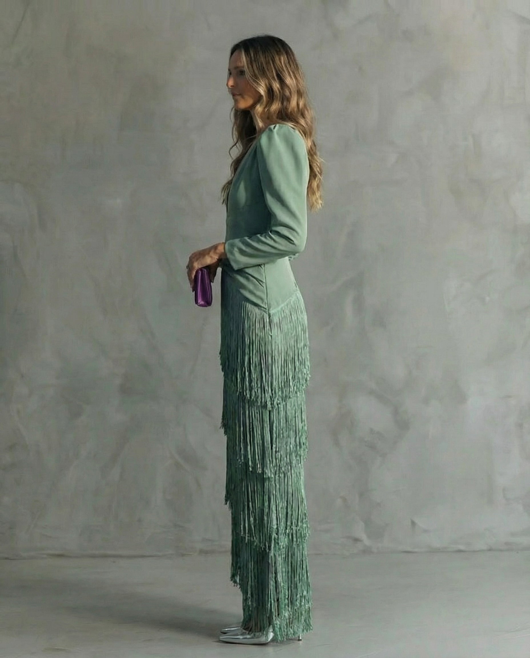 V-Neck Tiered Fringe Maxi Dress – full length view