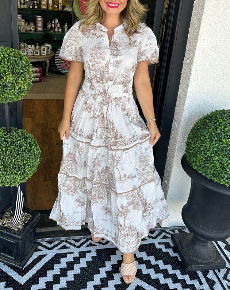Toile print maxi dress styling
