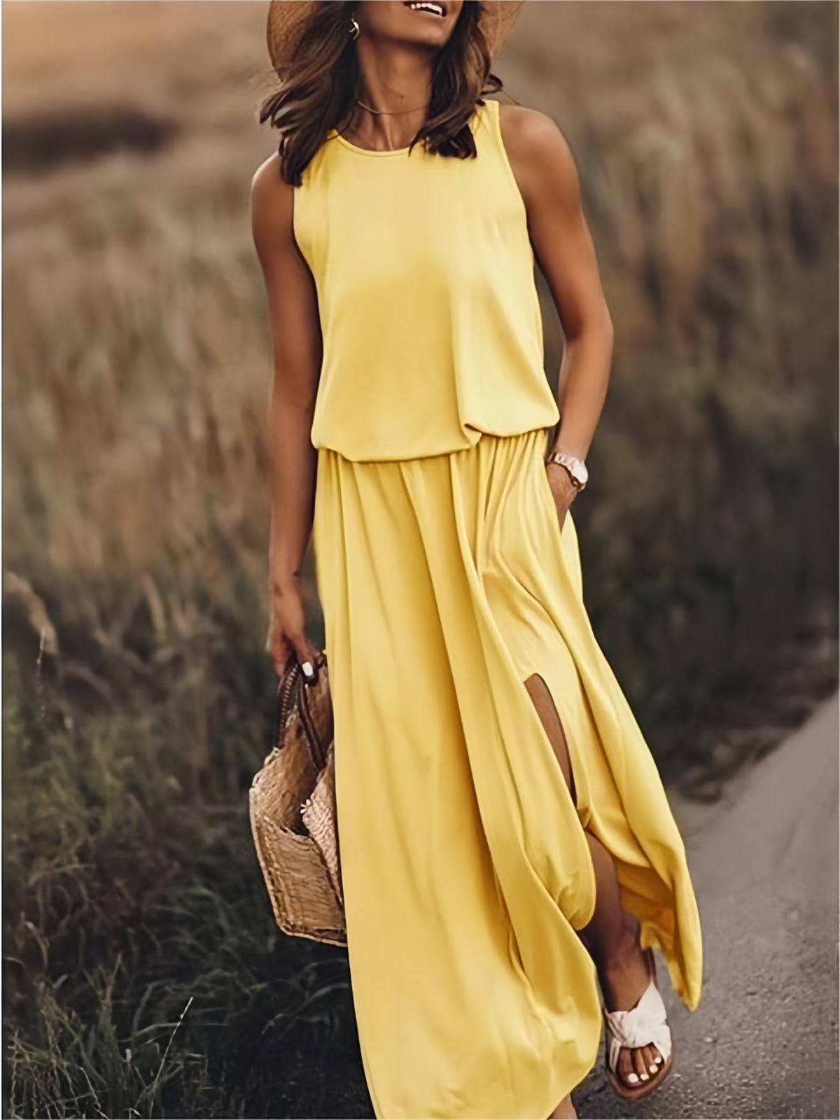Sleeveless Blouson Maxi Dress - Yellow