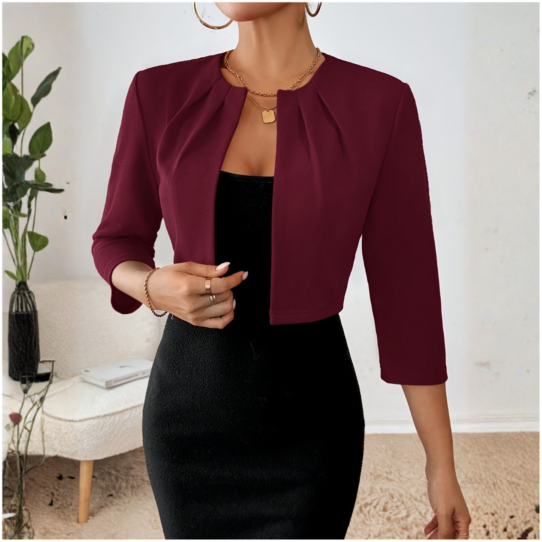 Open Front Cropped Blazer Jacket - Burgundy
