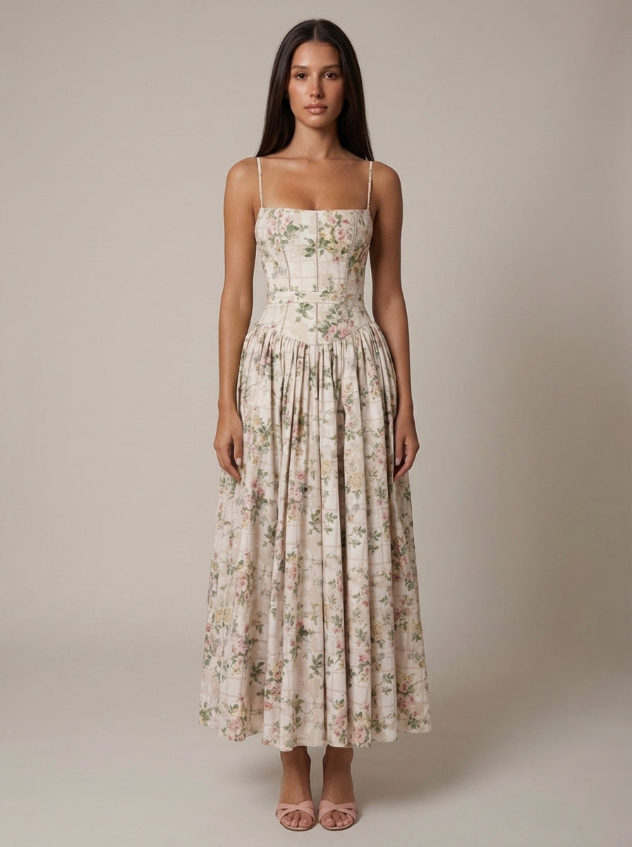Corset midi dress in Rose Print