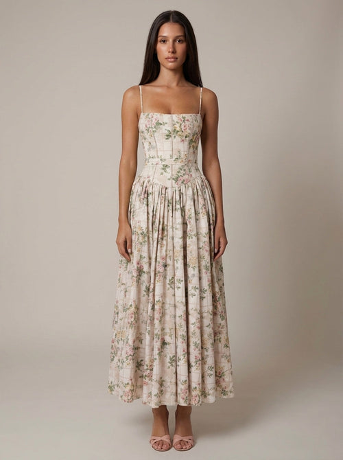 Corset midi dress in Rose Print