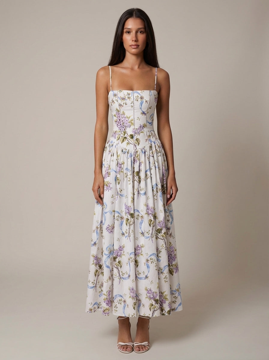 Corset midi dress in Cream Floral Print