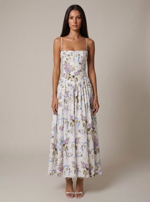 Corset midi dress in Cream Floral Print