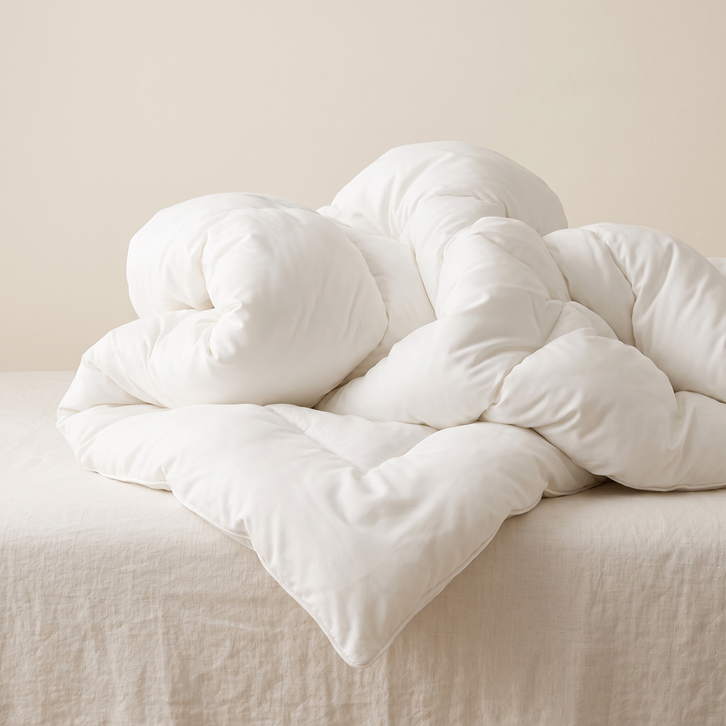 Close view of the comforter's volume and baffle construction