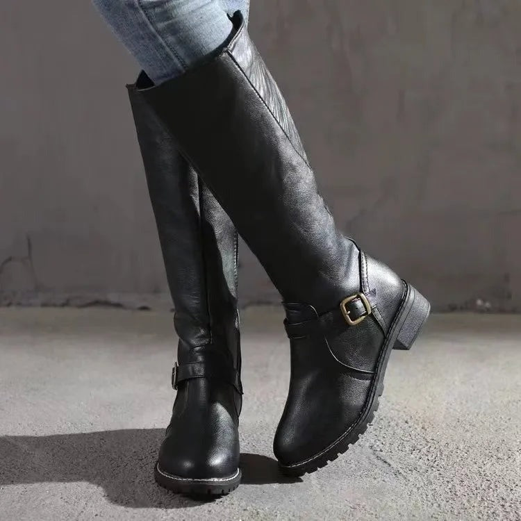 Knee high boots faux leather round toe autumn