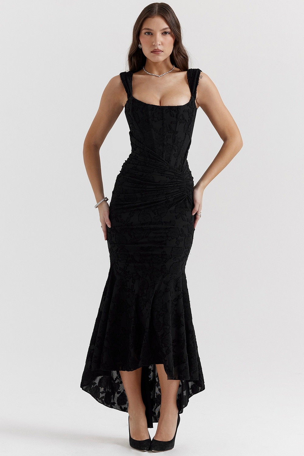Floral lace corset maxi dress in Black