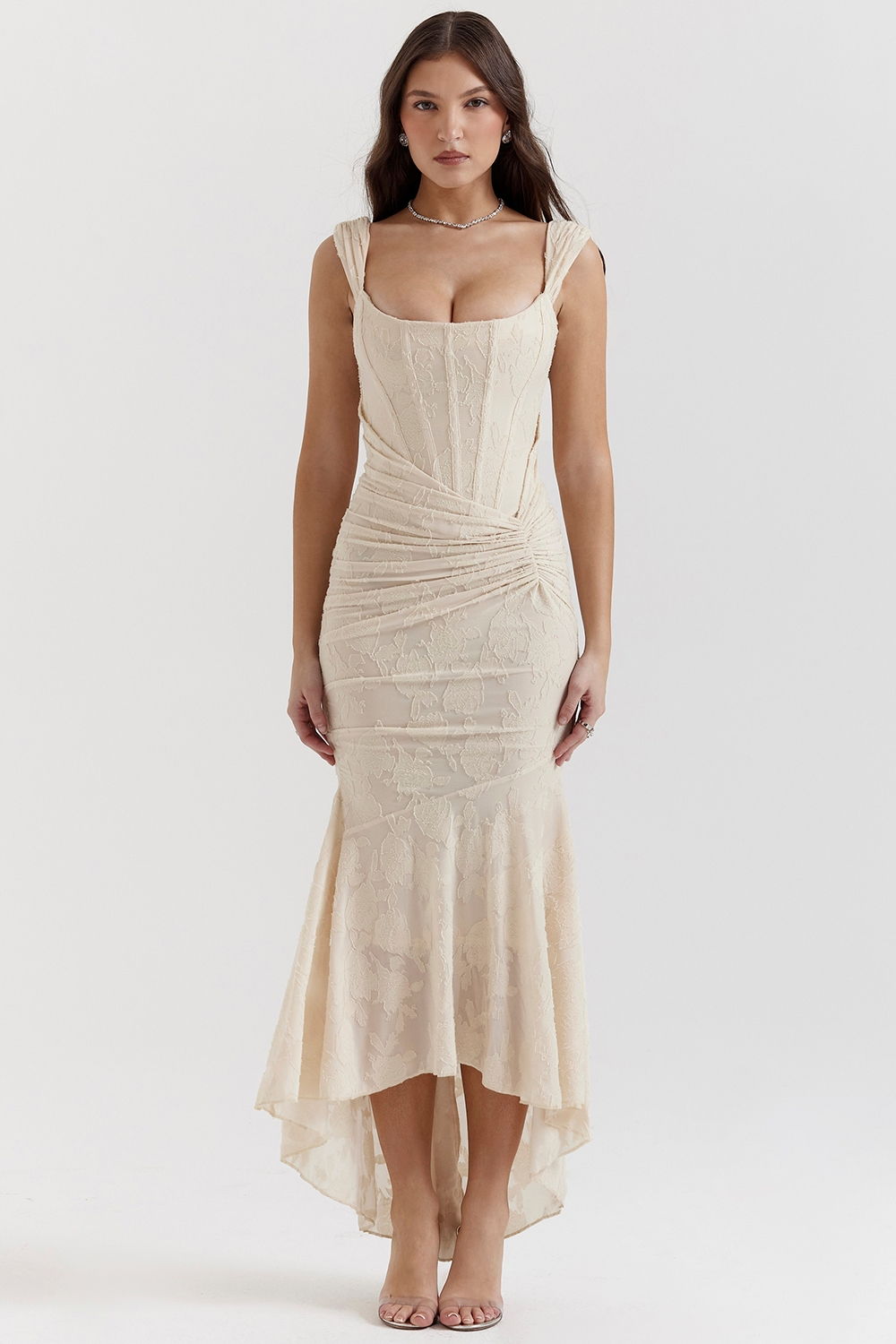 Floral lace corset maxi dress in Cream