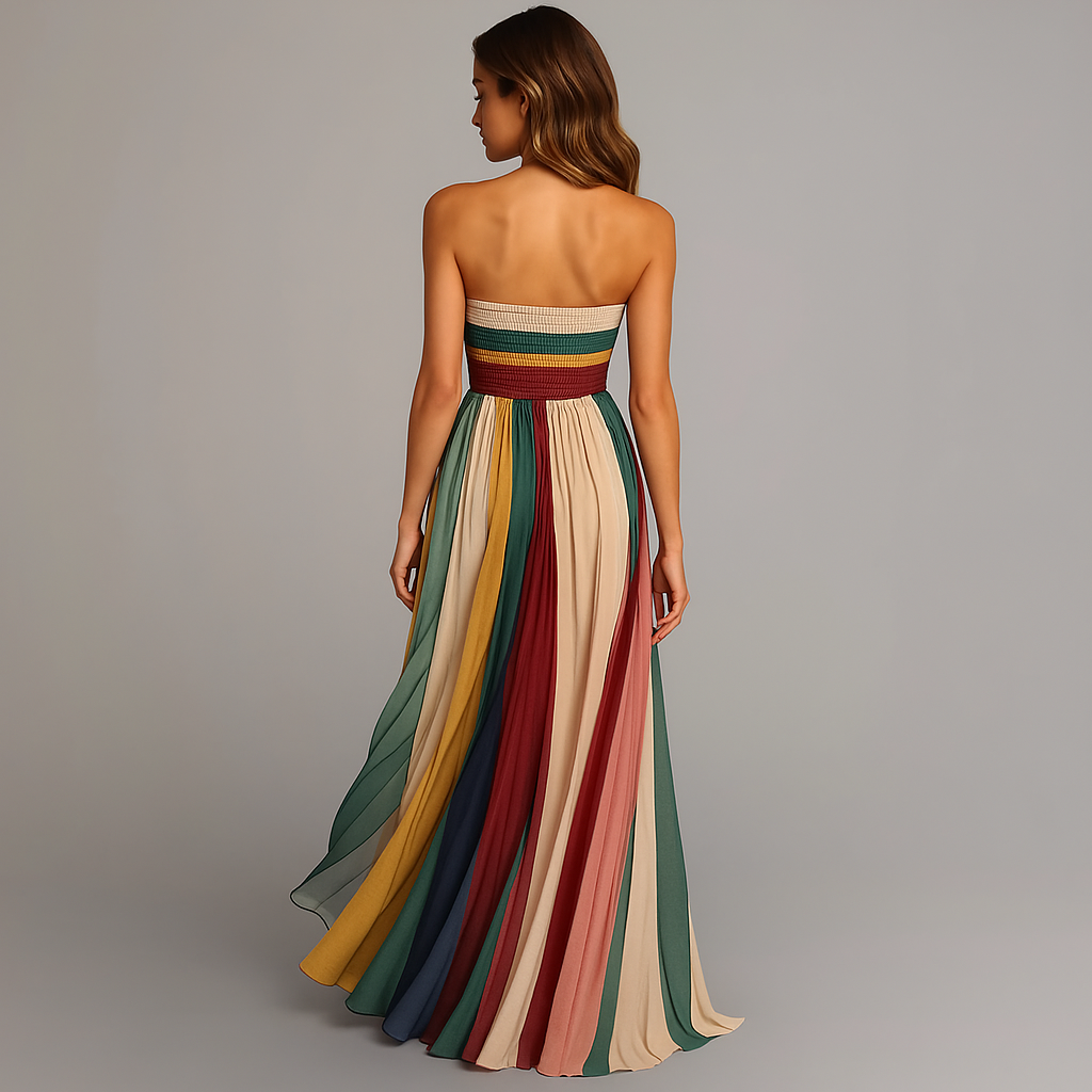 Strapless pleated maxi dress back view