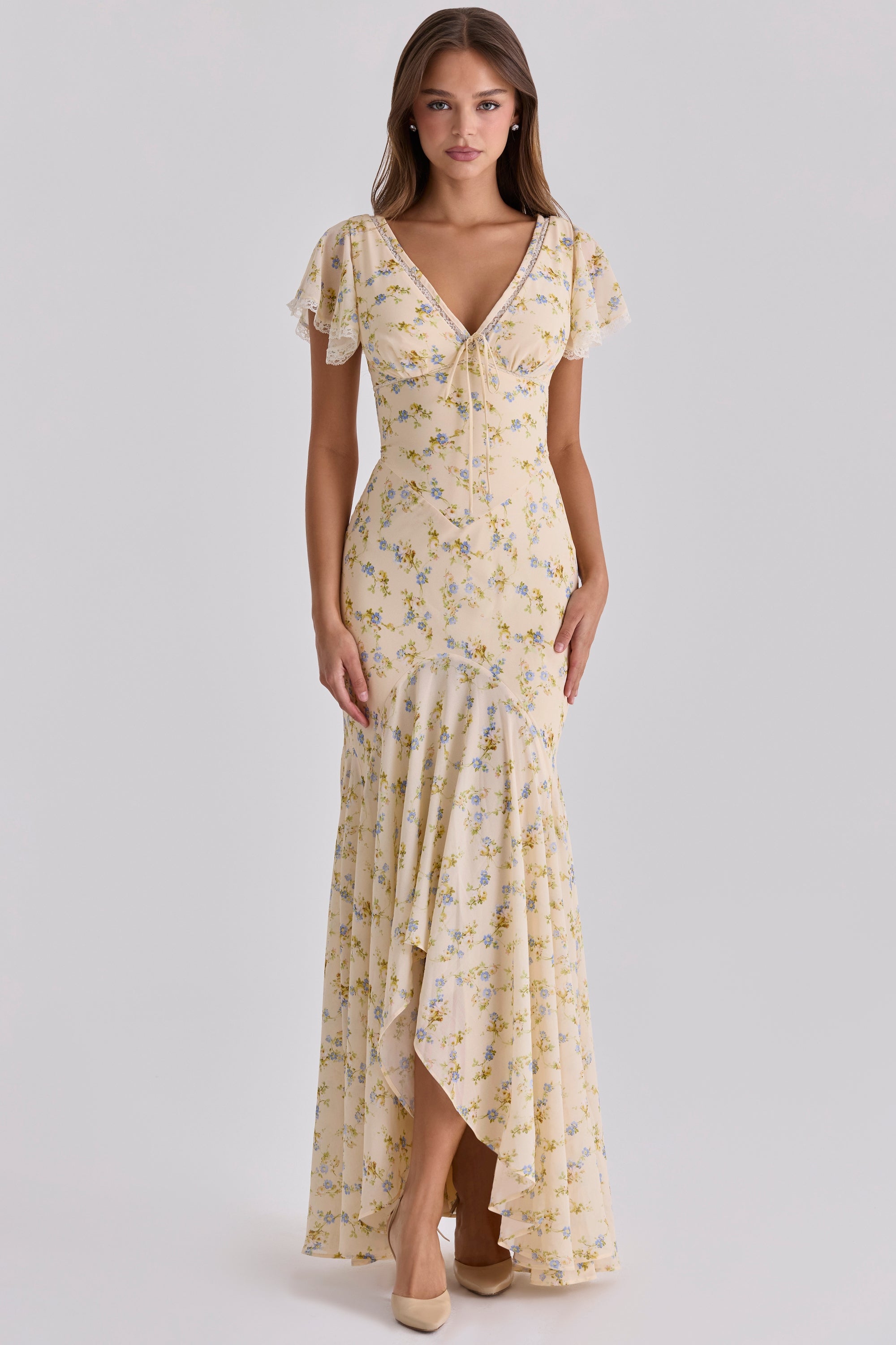 Yellow floral georgette maxi dress front