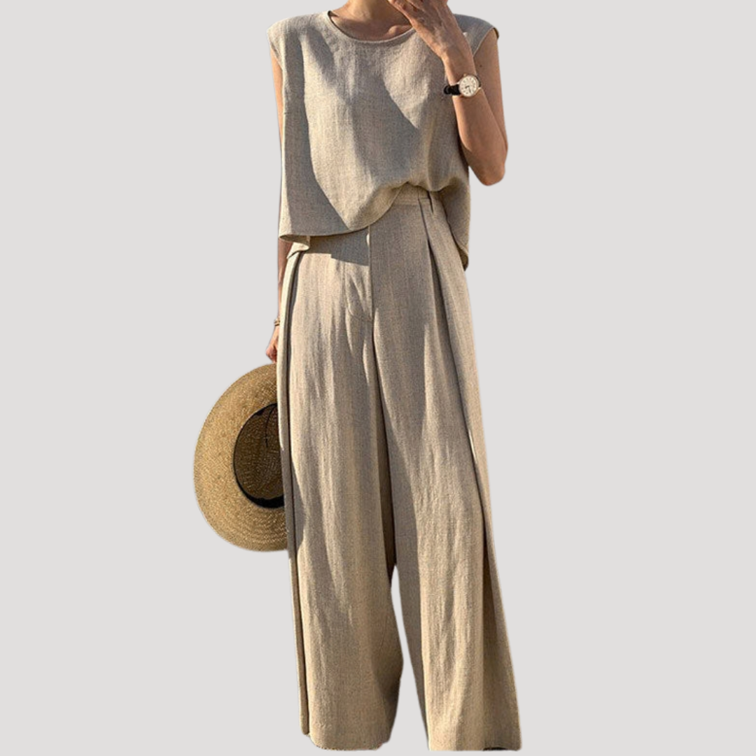 Sleeveless top and wide-leg pants set in beige