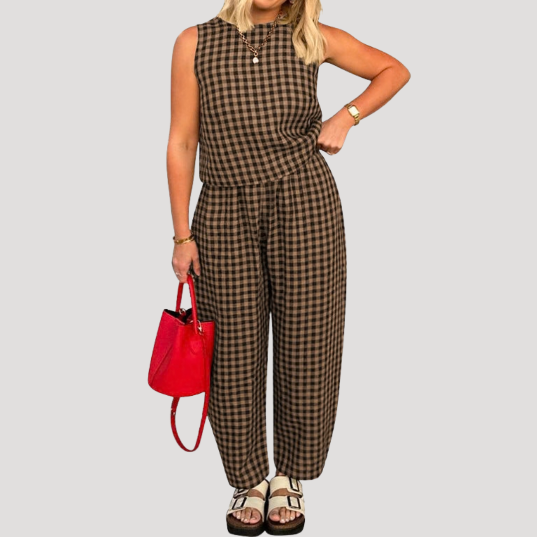 Brown sleeveless wide-leg two-piece set